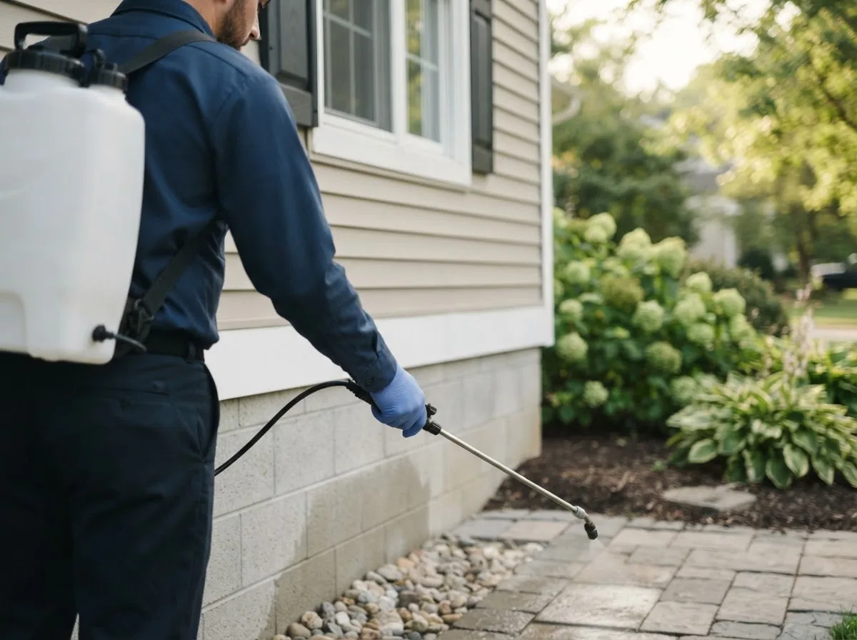Pest control technician inspecting a home in Decker, MI